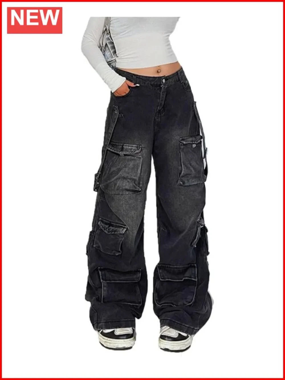 Low Waist Baggy Cargo Jeans for Women Y2k Wide Leg Grunge Pants